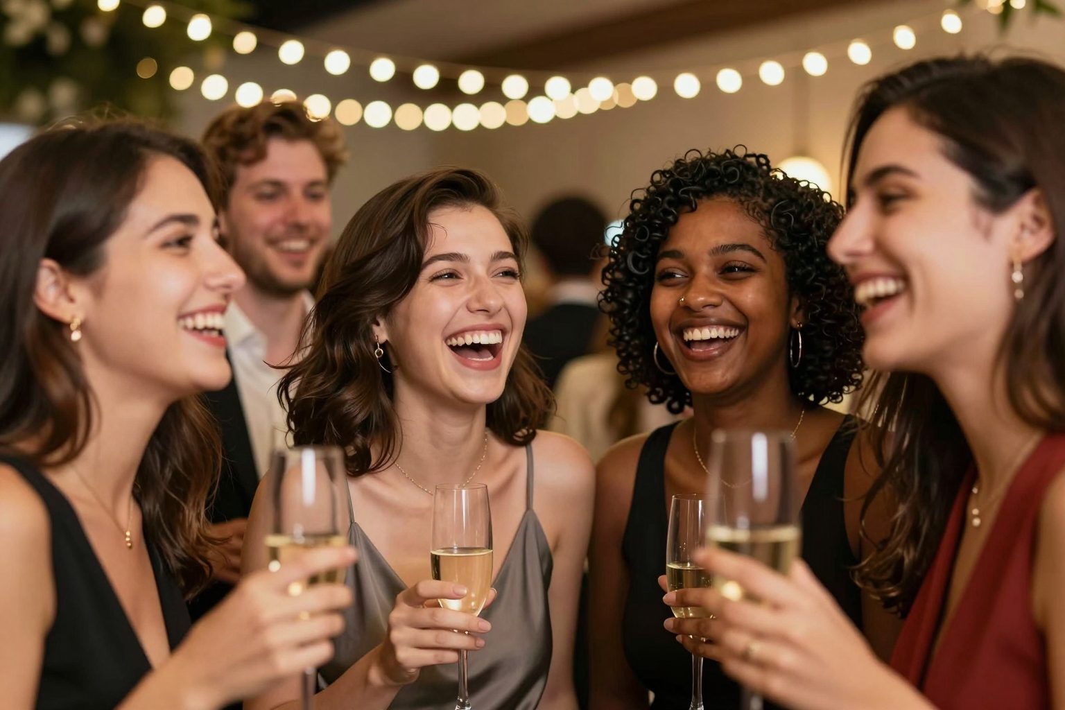 Guests laughing together at an evening event