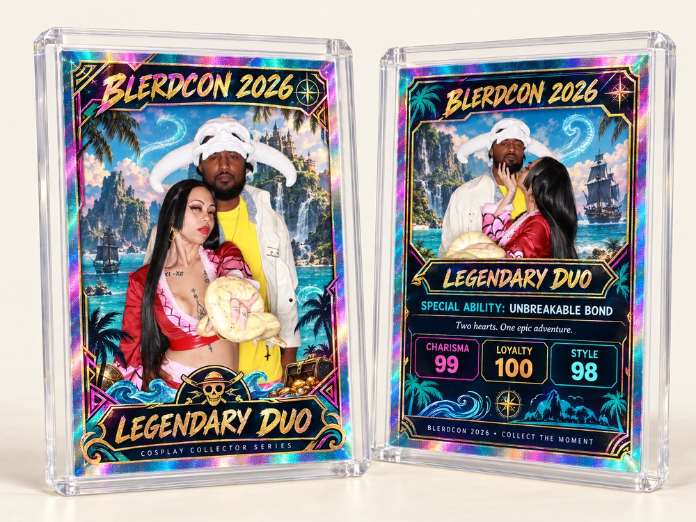 Holographic custom trading cards in clear protective cases