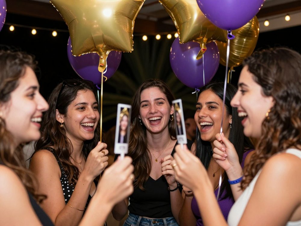 Friends celebrating at a party with balloons