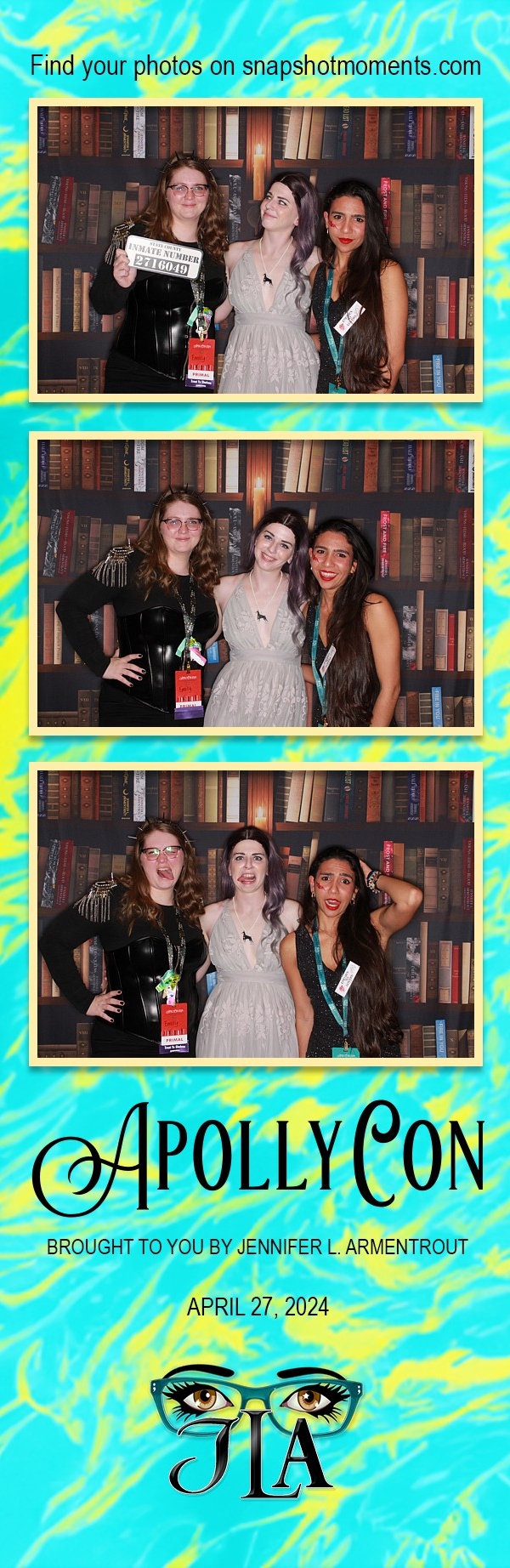Second three-photo ApollyCon afterparty strip with friends at the bookshelf backdrop