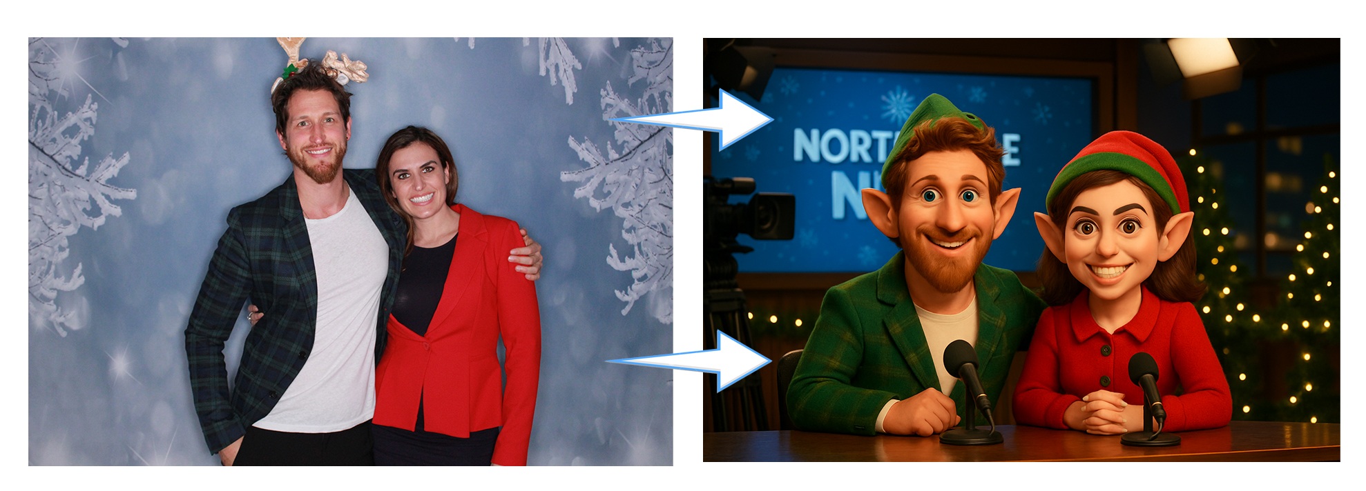 Real FOX holiday photo transformed with AI Reimagined into elf newscasters, shown before and after